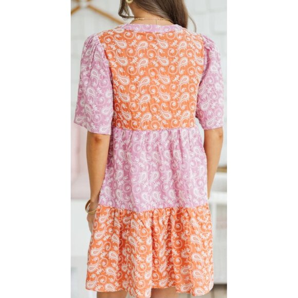 NWT Voy Paisley Colorblock Boho Cotton Tiered Dress~V-Neck/Puff Sleeves~SMALL - Picture 2 of 9